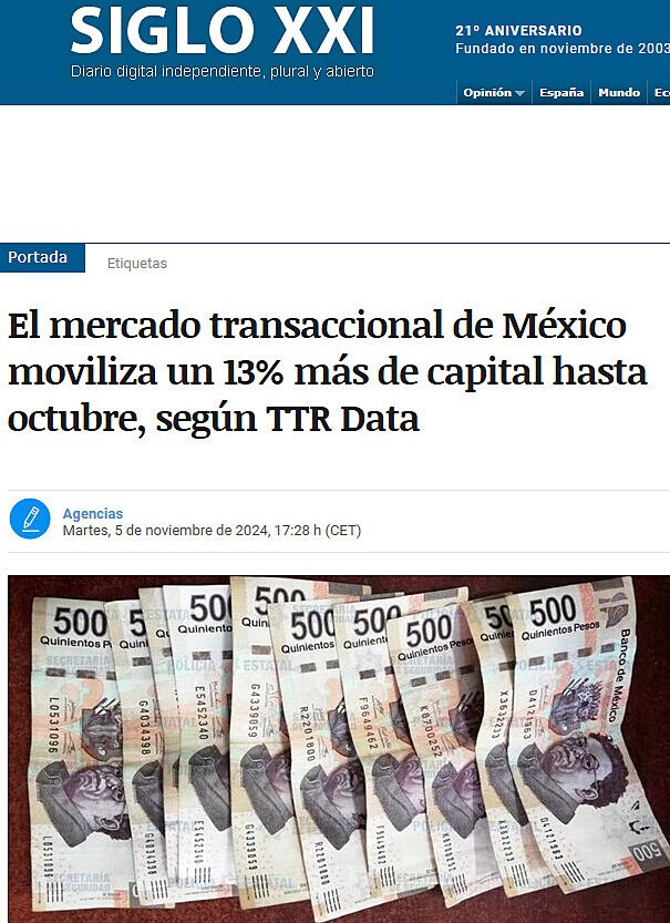 El mercado transaccional de Mxico moviliza un 13% ms de capital hasta octubre, segn TTR Data